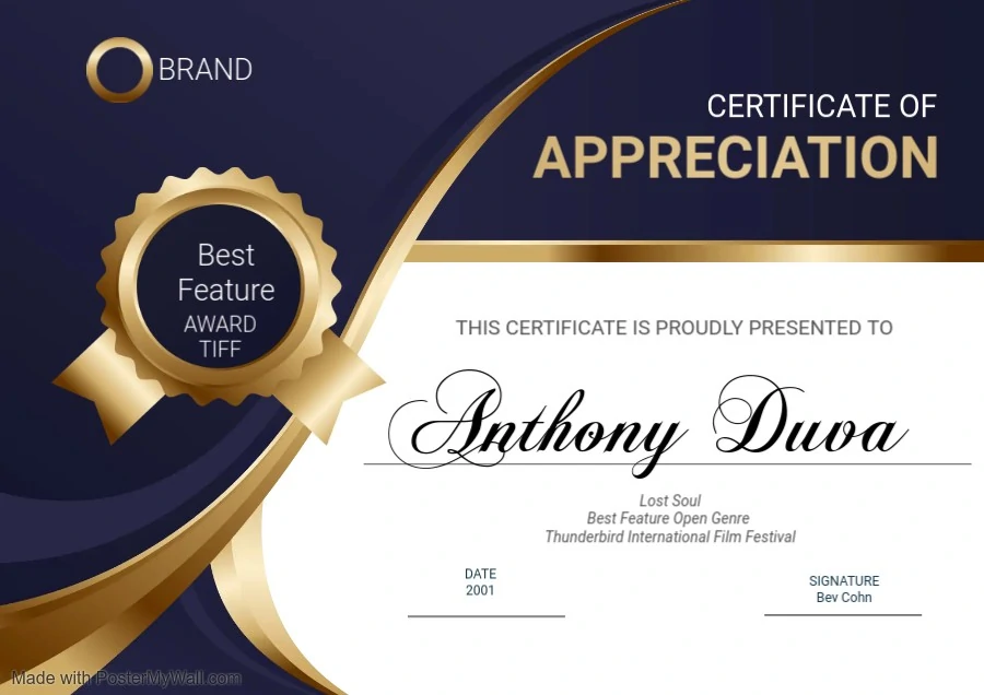 Appreciation Certificate To Anthony Duva